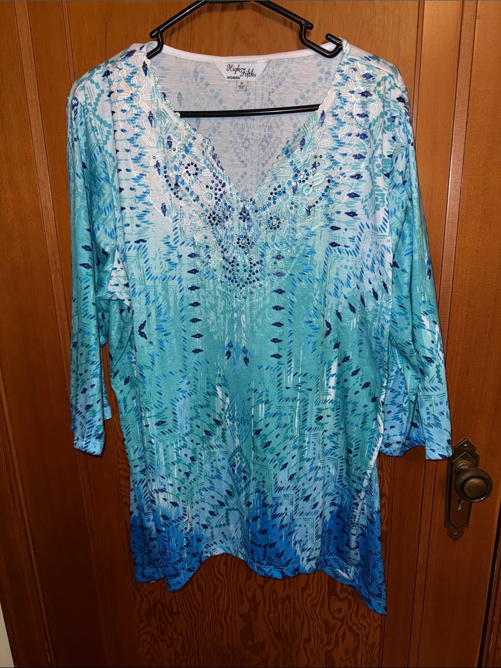 Rafaella Aqua Blue Embellished V-Neck Tunic